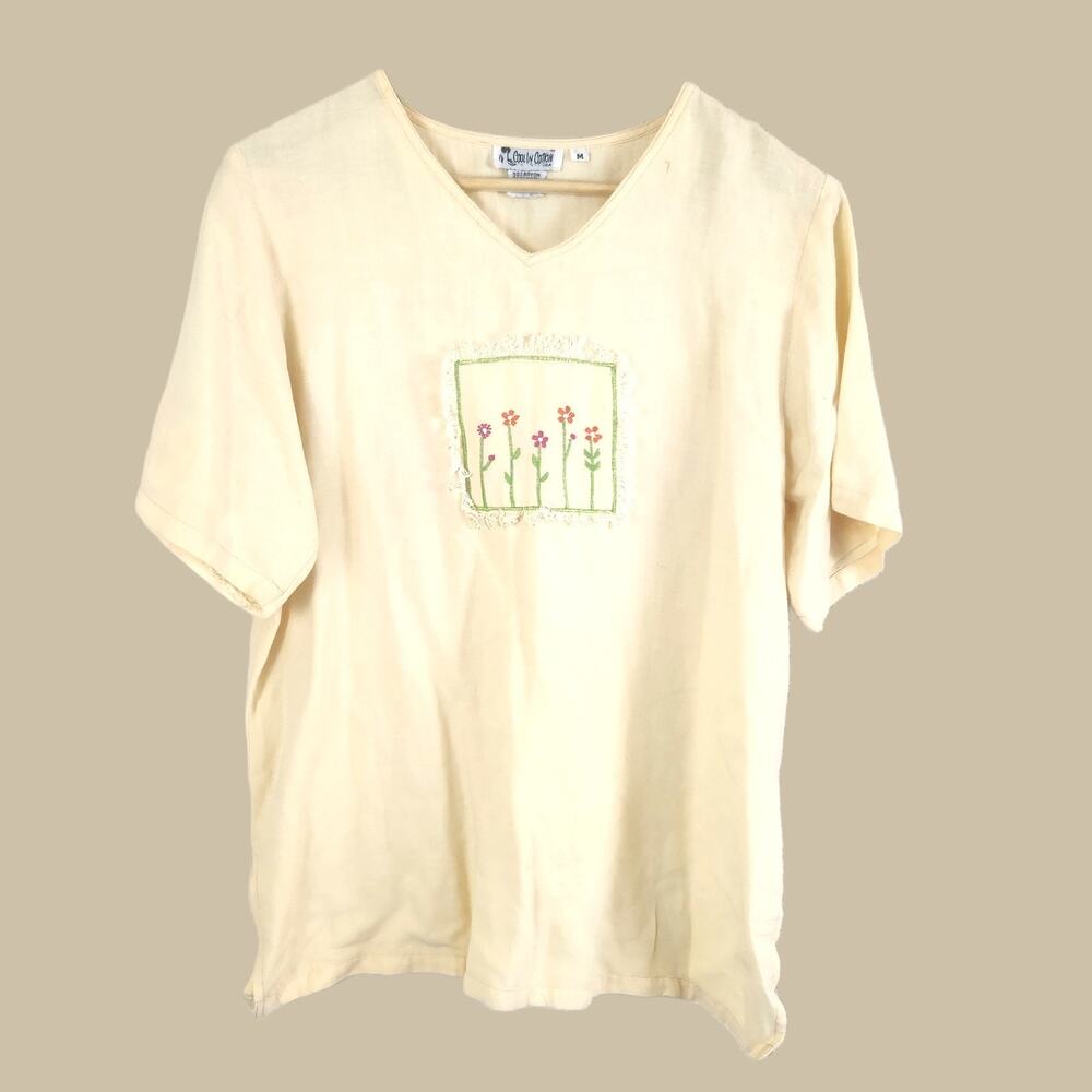 Vintage Cool In Cotton Yellow Linen Blend Top Medium Floral Embroidery Fringe